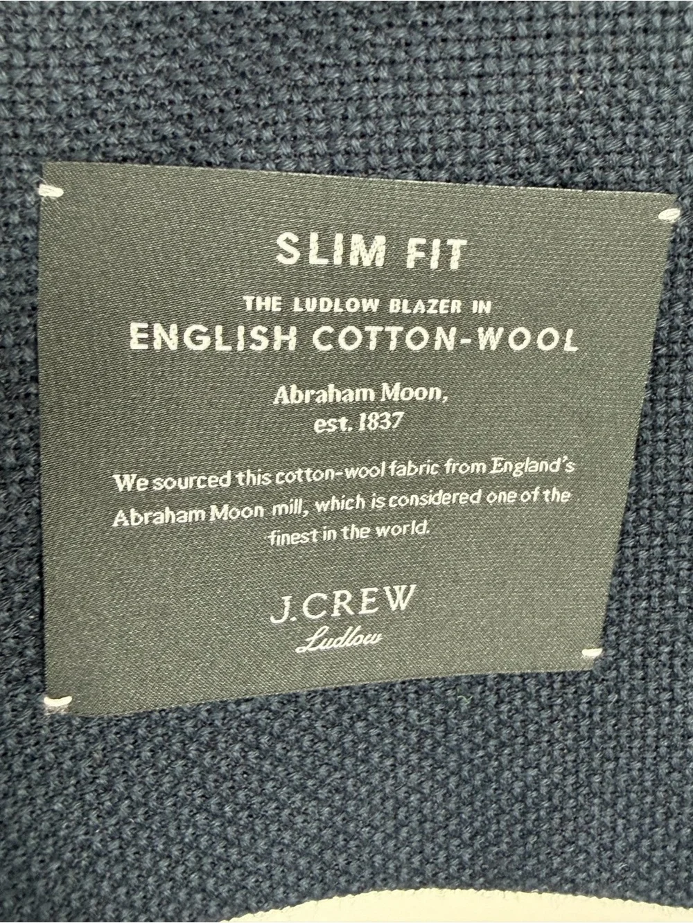 J. Crew Men’s 41R Ludlow Navy Blue Slim-fit English Cotton Wool Blend Blazer NEW